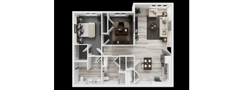 A top-An image of a floor plan for an apartment with a living room, kitchen, two bathrooms, one bedroom and an office/den.