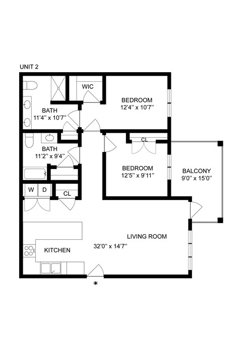 A floor plan of a two-bedroom apartment with a living room, two bathrooms, and a kitchen.