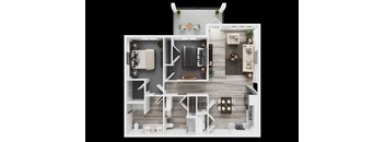 A top-down view of a well-organized apartment with a kitchen, living room, and bedroom.
