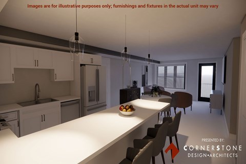 A modern kitchen with a dining table and chairs.