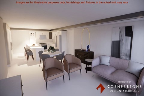 A modern living room with a dining area and a piano.