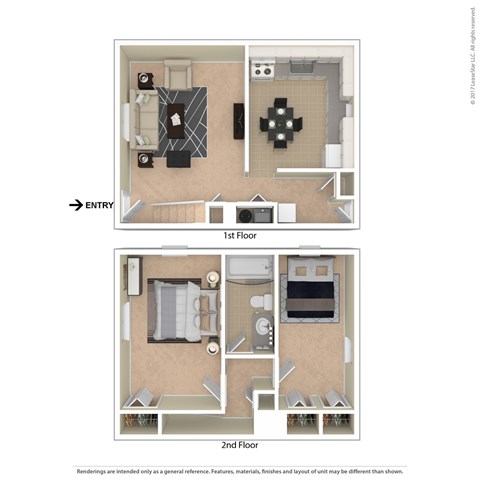 A floor plan of a two-story apartment with an entry point on the left.