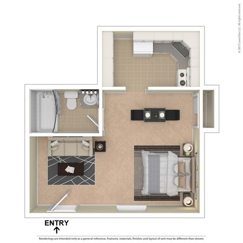 A floor plan of a room with a couch, a bed, a toilet, a sink, and a shower.