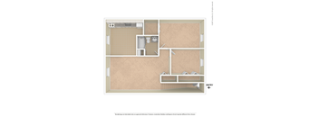 A floor plan of a small apartment with a kitchen, bathroom, and living room.