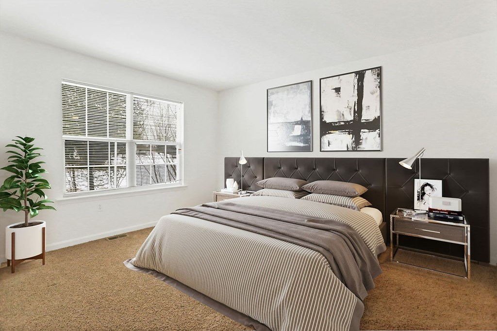 A bedroom with a large bed and a plant on the side table.