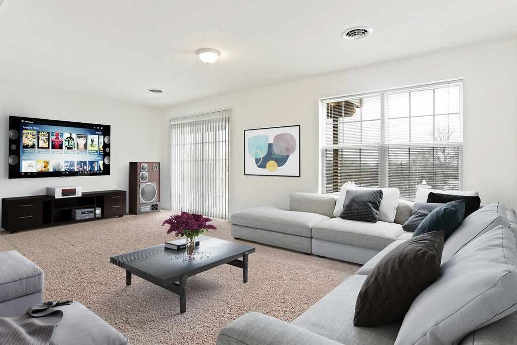 A modern living room with a grey sofa, a black coffee table, and a large flat screen TV mounted on the wall.