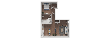 A top-down view of a small apartment with a bed, desk, and kitchenette.
