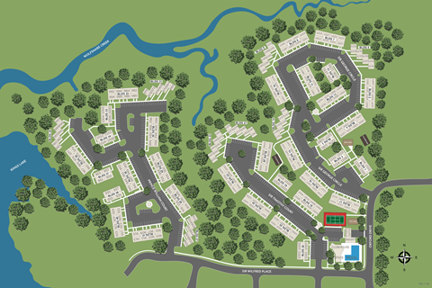 A map of a residential area with streets and buildings.