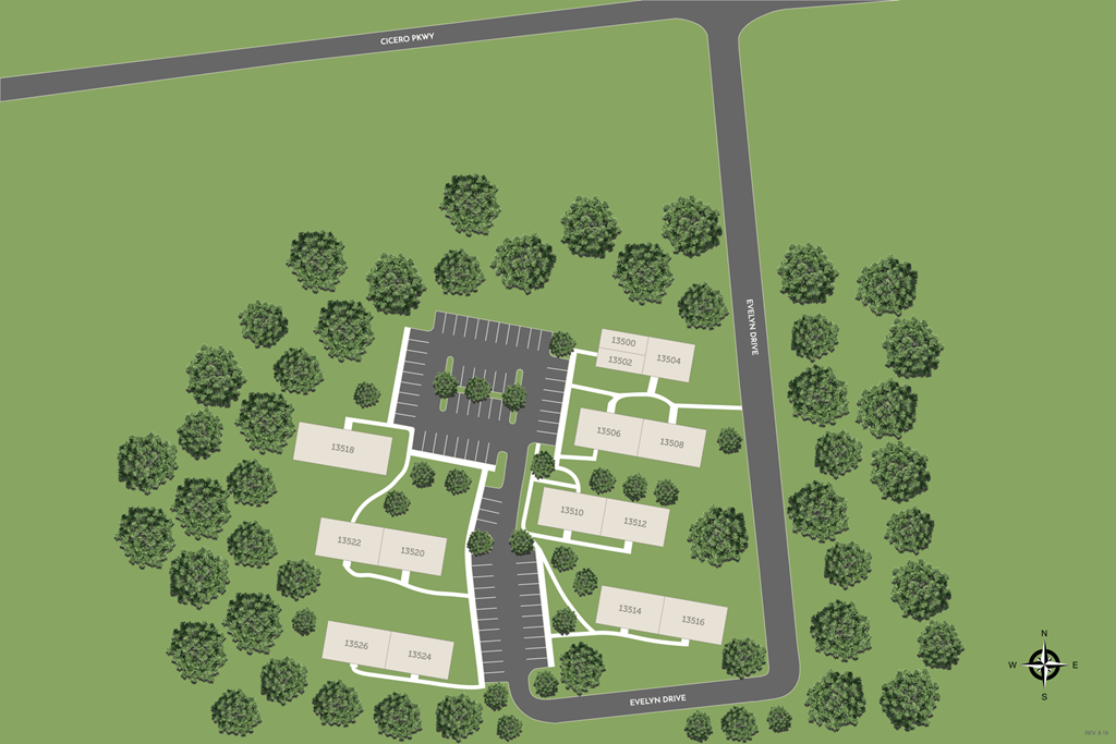 A map shows a layout of a property with a central building and surrounding trees.