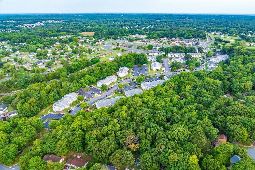 A bird's eye view of a residential area with houses and trees.