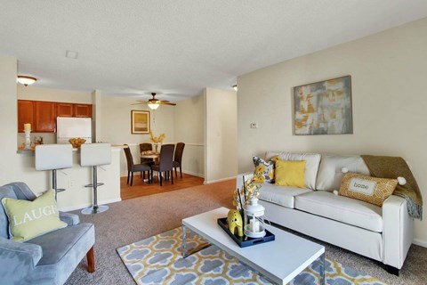 A living room with a grey couch, a white sofa, a grey and yellow rug, and a painting on the wall.