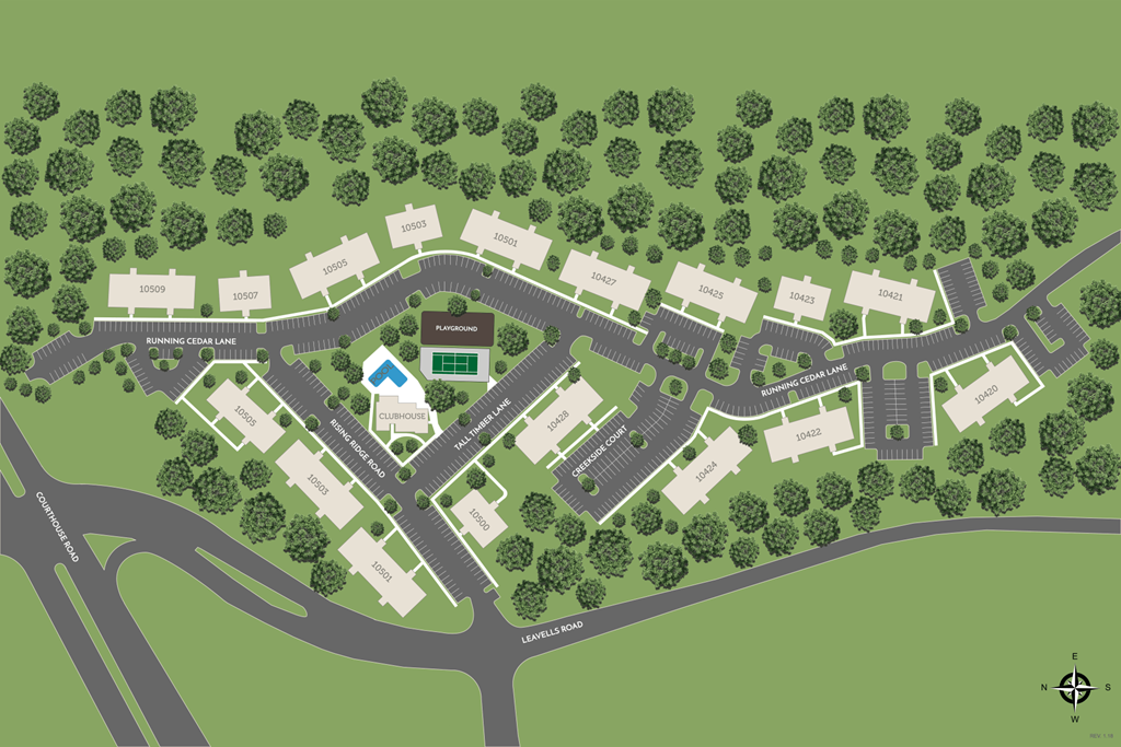 A map of a housing development with a central park and roads.