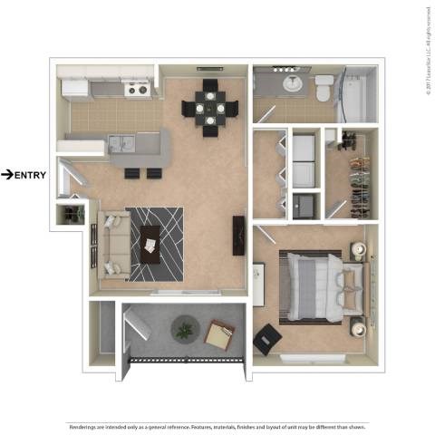 A floor plan of a house with a kitchen, living room, and two bedrooms.