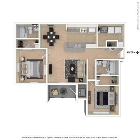 A floor plan of a house with a kitchen, living room, and two bedrooms.