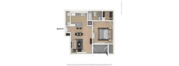 A floor plan of a house with a kitchen, living room, and bathroom.
