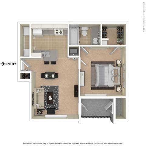 A floor plan of a house with a kitchen, living room, and bathroom.