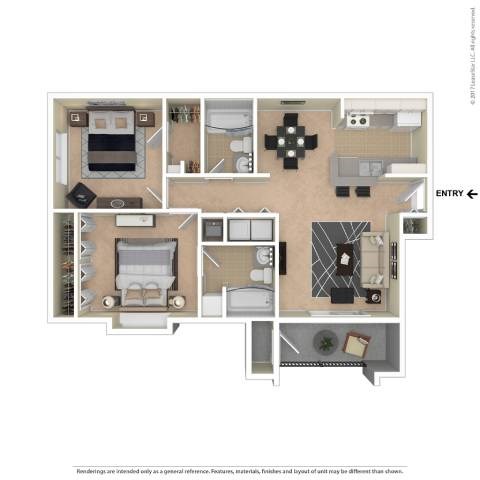A floor plan of a house with a kitchen, living room, and two bedrooms.