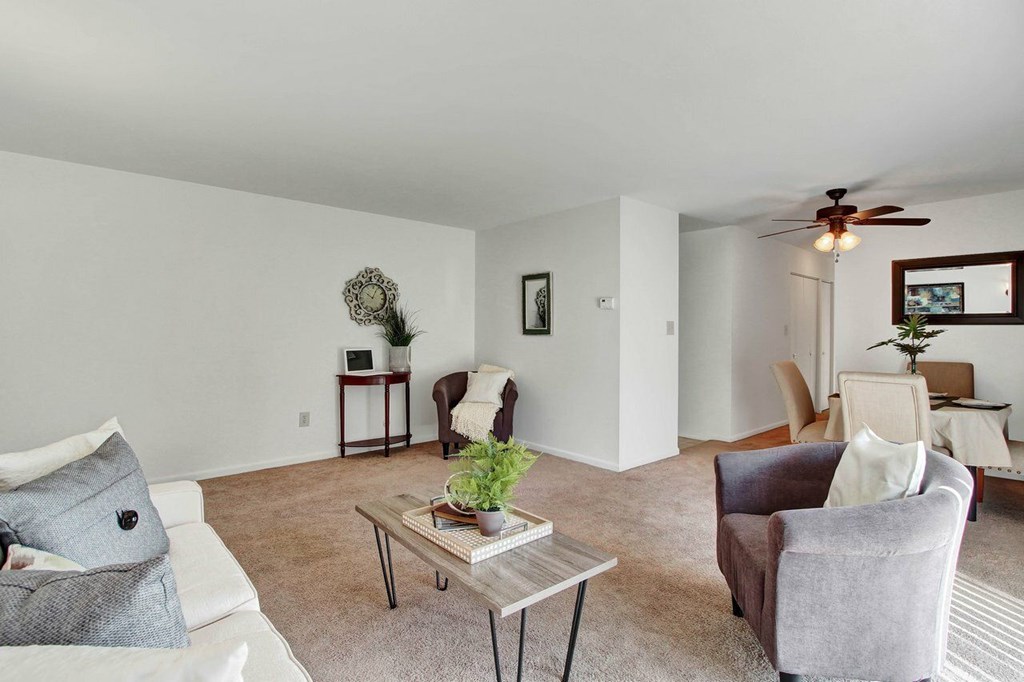 A living room with a white couch, a brown armchair, and a coffee table with a plant on it.