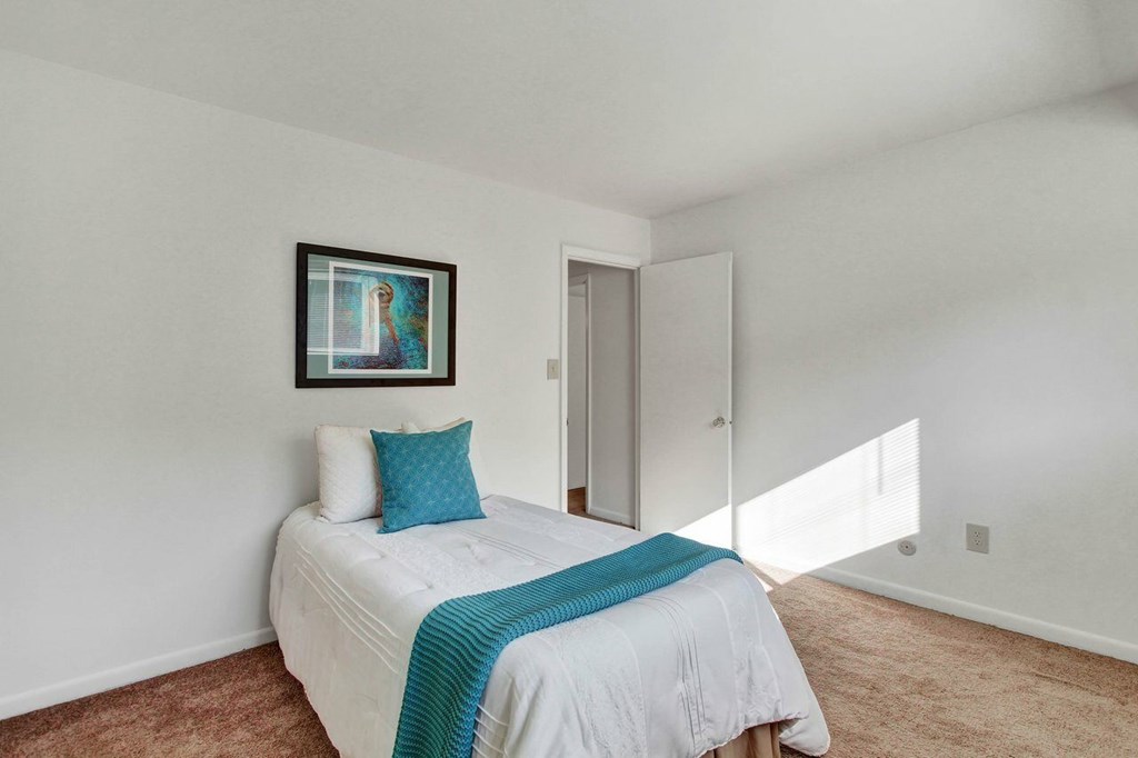 A bedroom with a bed, pillow, and a picture on the wall.