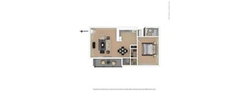 A floor plan of a house with a kitchen, living room, and bathroom.