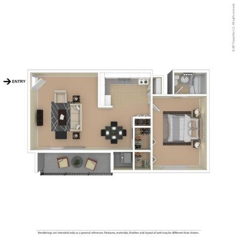 A floor plan of a house with a kitchen, living room, and bathroom.