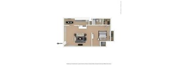 A floor plan of a house with a kitchen, living room, and two bedrooms.