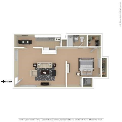 A floor plan of a house with a kitchen, living room, and two bedrooms.