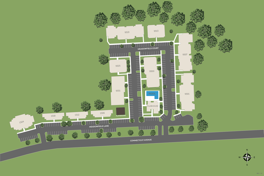 A map of a residential area with roads, houses, and a swimming pool.