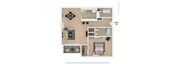 A floor plan of a small apartment with a kitchen, living room, and bathroom.
