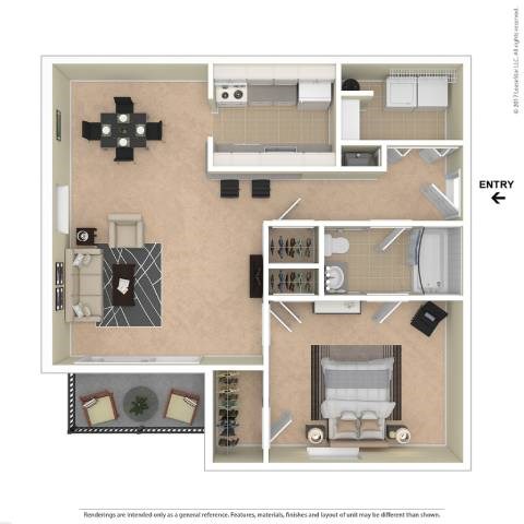 A floor plan of a small apartment with a kitchen, living room, and bathroom.