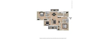 A floor plan of an apartment with a kitchen, living room, and two bedrooms.