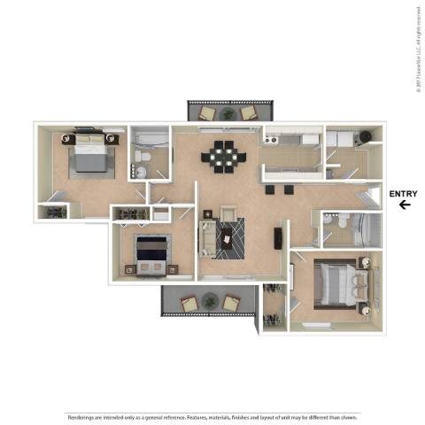A floor plan of an apartment with a kitchen, living room, and two bedrooms.