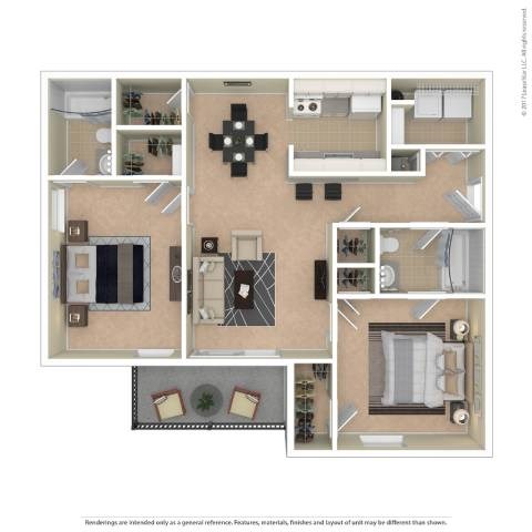 A floor plan of a house with a kitchen, living room, and two bedrooms.