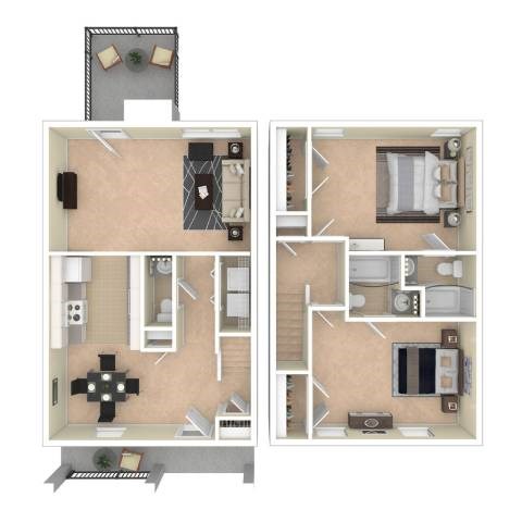 A floor plan of a house with a kitchen, living room, and two bedrooms.