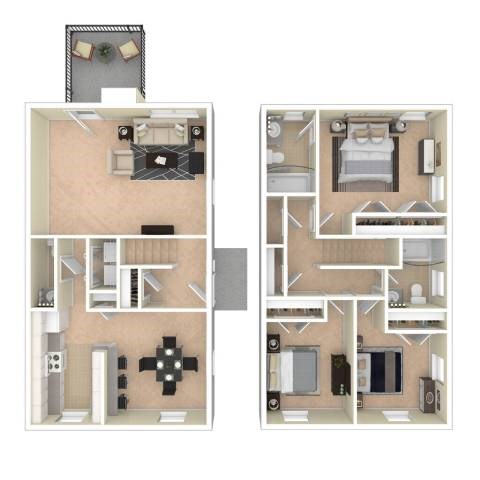 A floor plan of a two-bedroom apartment with a living room, kitchen, and bathroom.