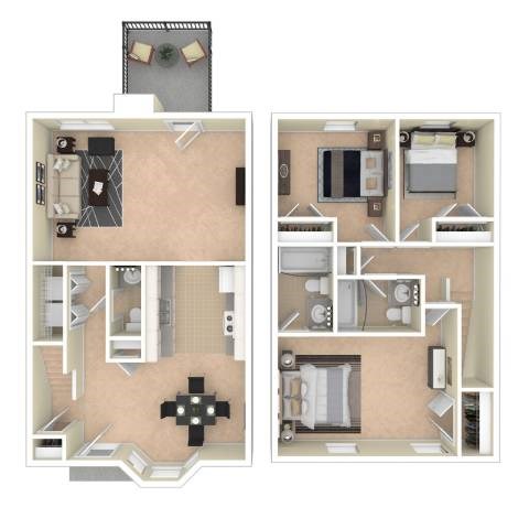 A floor plan of a house with two bedrooms, a living room, a kitchen, and a bathroom.