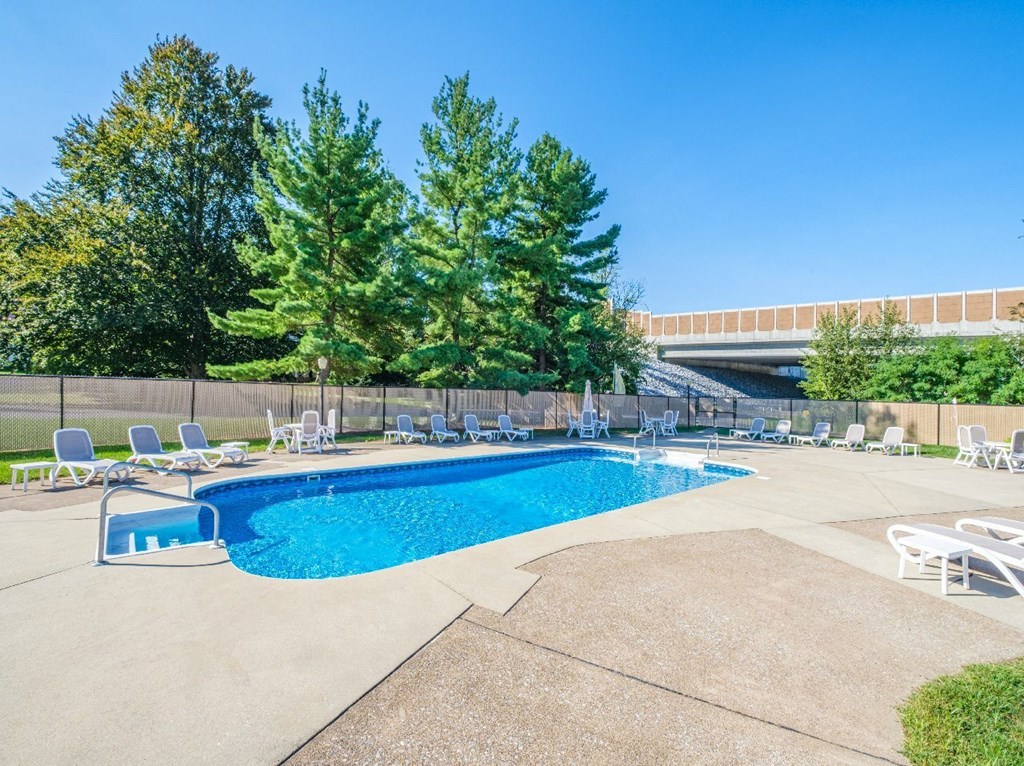A large swimming pool surrounded by trees and lawn chairs.
