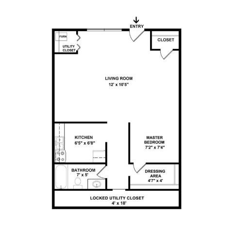 A floor plan of a small apartment with a living room, kitchen, bathroom, and bedrooms.