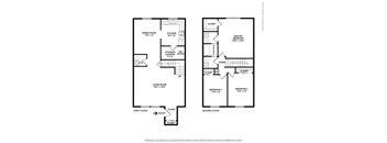 A floor plan of a two-story home with a living room, two bedrooms, a kitchen, and a dining room.
