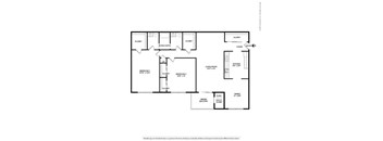 A floor plan of a house with a living room, two bedrooms, a bathroom, a kitchen, a dining area, a patio, and a garage.