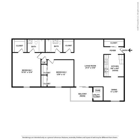 A black and white floor plan of a house with a living room, kitchen, dining room, and several bathrooms.