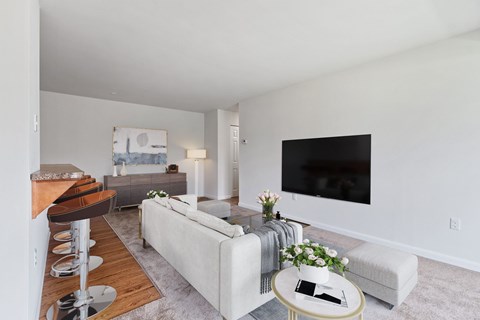 A living room with a grey couch and a television.