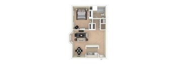 A floor plan of a small apartment with a bedroom, living room, and kitchen.