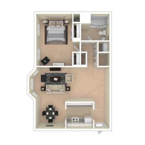 A floor plan of a small apartment with a bedroom, living room, and kitchen.