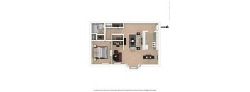 A floor plan of a room with a kitchen, living room, and bathroom.