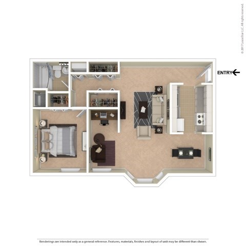 A floor plan of a room with a kitchen, living room, and bathroom.
