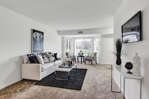 A living room with a white couch and a painting of an elephant on the wall.