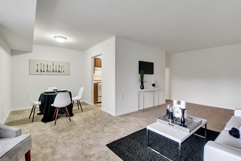 A living room with a black and white color scheme.