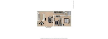 A floor plan of a house with a kitchen, living room, and bathrooms.