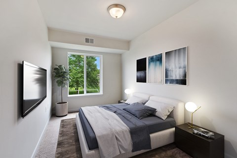 A bedroom with a bed, a plant, a window, and a painting on the wall.